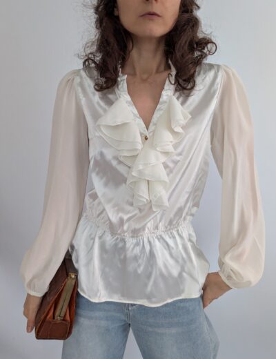 cremefarbene Bluse mit Rüsche, Vintage Style b.Young Gr.S