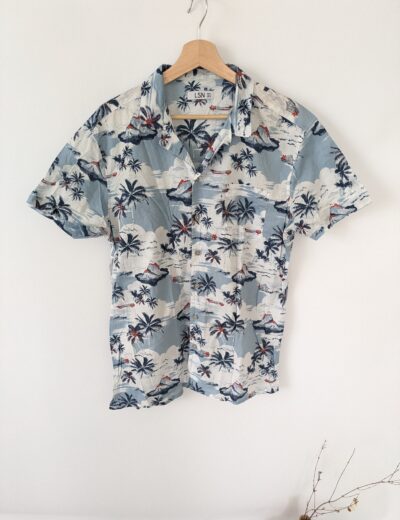 Herren Kurzarmhemd LSN, 100% Baumwolle, Gr. L, Hellblau Hawaii-Print