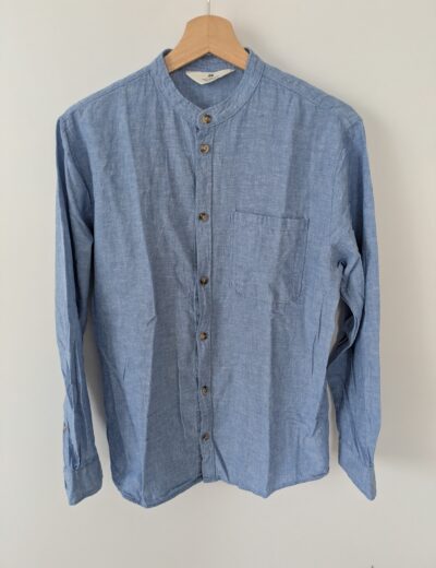 Jungen/Teens Langarmhemd H&M, 55% Leinen / 45% Baumwolle, Gr. 170 (14+ J.), Hellblau Stehkragen