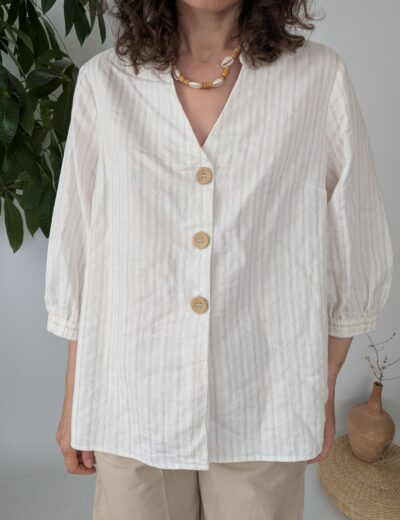 Cremefarbene, gestreifte Boho-Bluse Gr. L