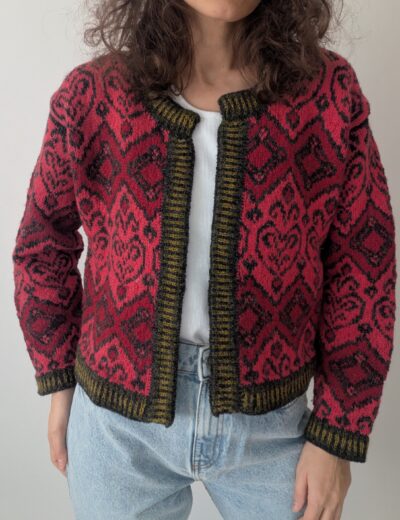 Kurze Vintage-Strickjacke mit Jacquard-Muster in Rot, Wolle, Gr. XS