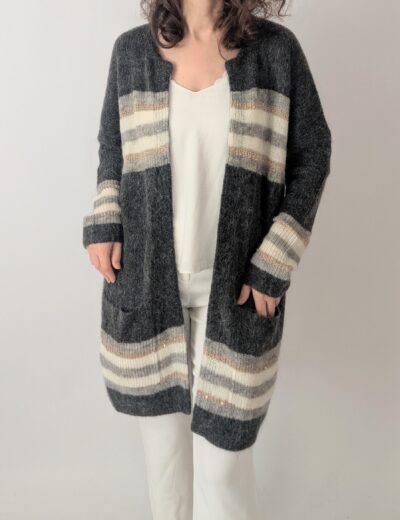 Langer Mohair-Cardigan von Claire Woman mit Streifen und Pailletten, Gr. 44