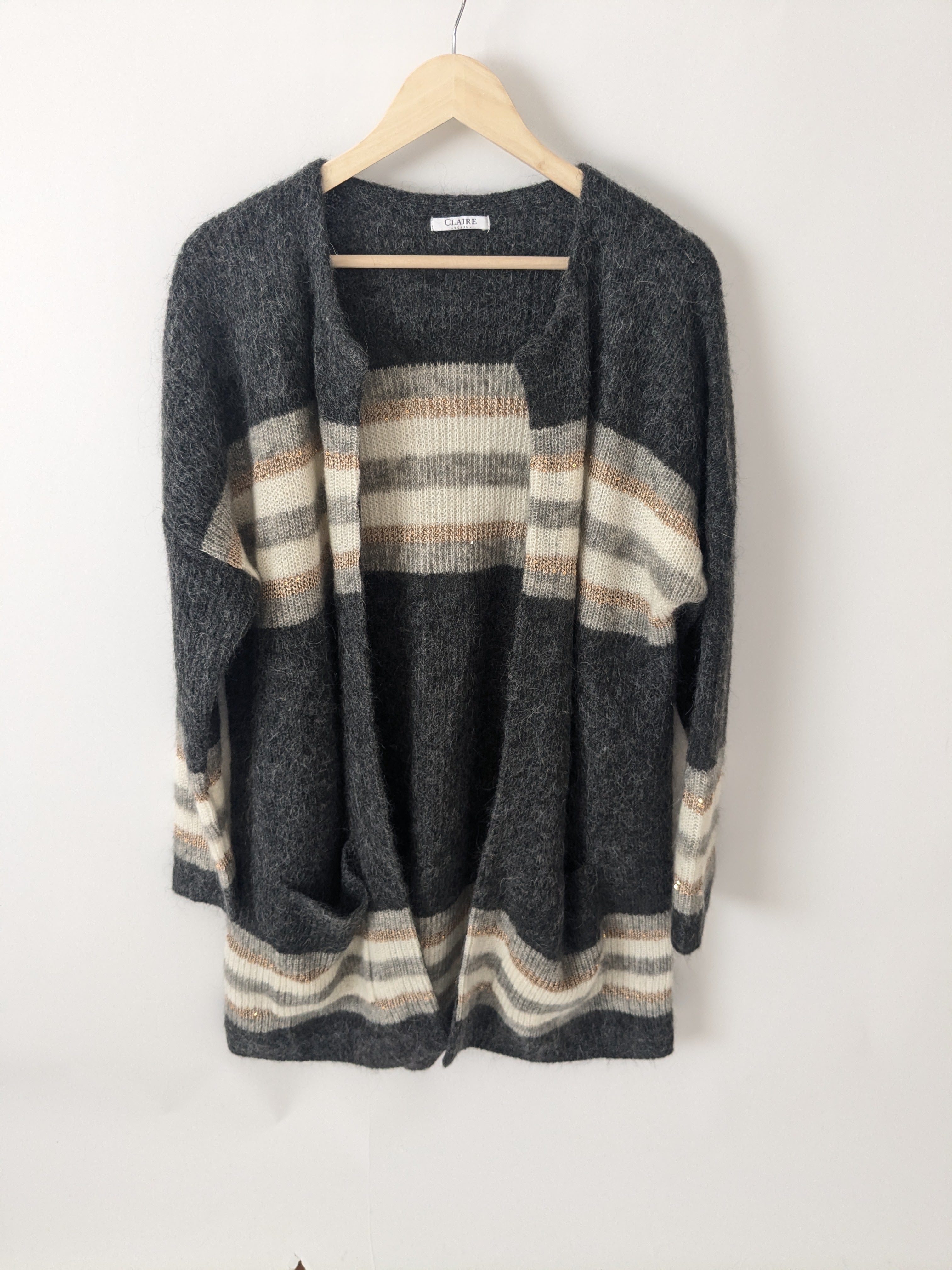 Langer Mohair-Cardigan von Claire Woman mit Streifen und Pailletten, Gr. 44 – Bild 3